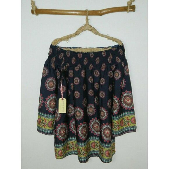 Band of Gypsies Zoe & Rose Dress Blue Floral Off The Shoulder‎ Bell Sleeves Mini - Picture 10 of 16